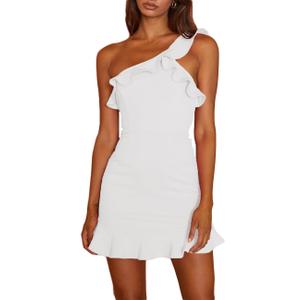 Women's Sexy One Shoulder Ruffle Hem Mini Dress Backless Sleeveless Party Cocktail Bodycon Solid Short Dresses (White)