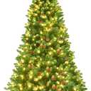 Goplus 6.5FT Pre-Lit Christmas Tree, Hinged Artificial Christmas Tree with 1100 Branch Tips, Sturdy Metal Stand and Pine Cones and Red Berries