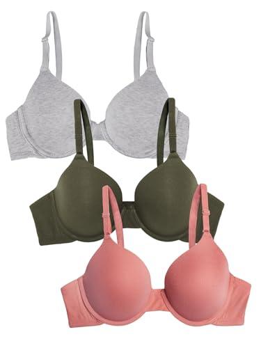 3 Pack Fruit of the Loom Women's Smooth Cotton T-Shirt Bra-Ultra-Soft, Flexible, and Invisible Under Tees, Desert Dusk/Grey Heather/Olive, Size 38D