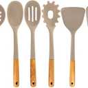 6pc Beech Wood and Silicone Kitchen Utensils Set Cooking Baking Supplies Home Essentials, Light Grey