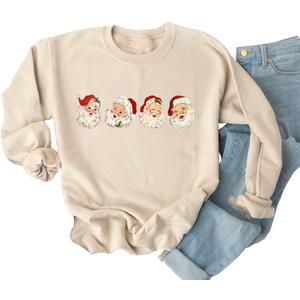 Yimoya Leopard Merry Christmas Tree Sweatshirt Womens Plaid Holiday Merry Blouse Xmas Tops (Small, Beige-Santa)