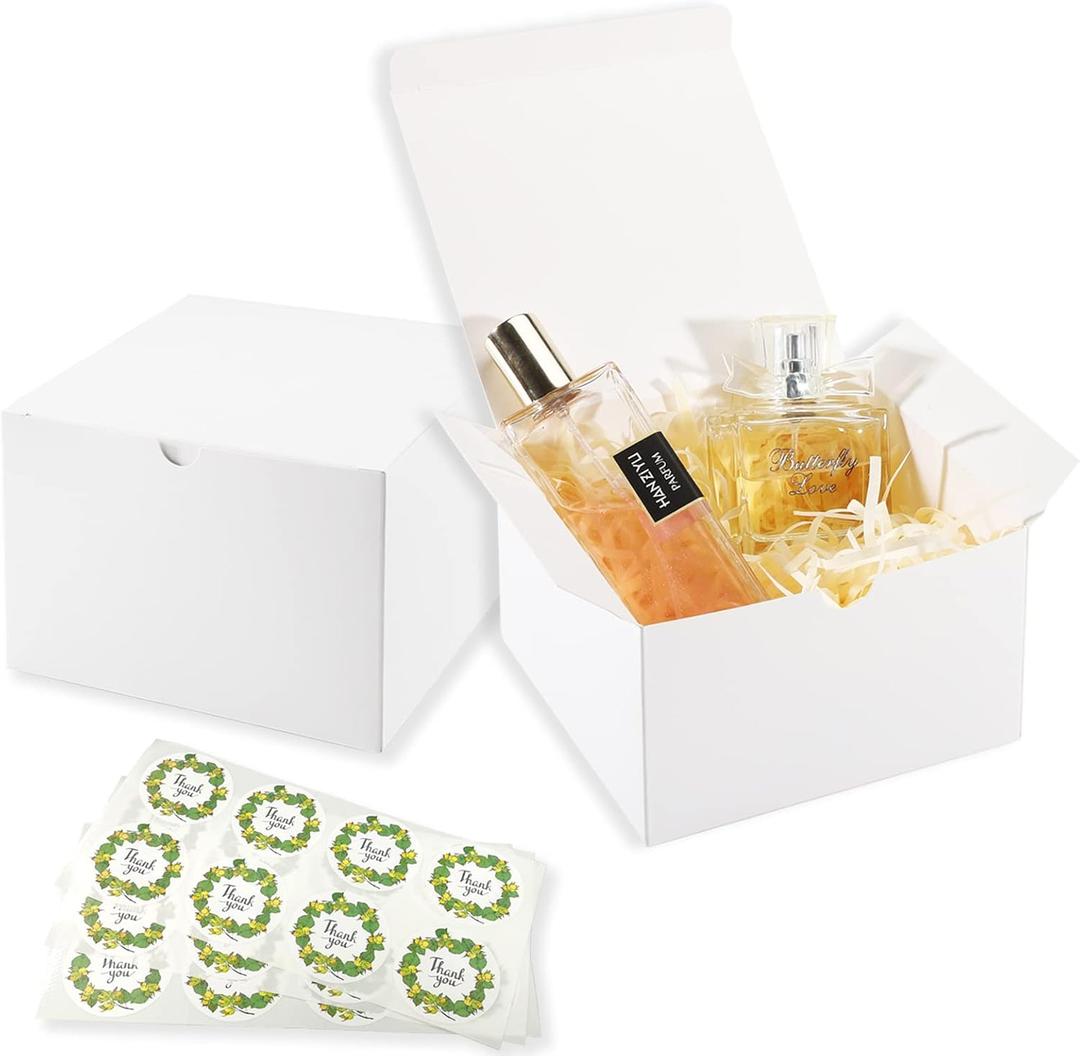 Frantis White Gift Boxes 20 Pack 6x6x4 inch Small Gift Box with Lids for Weddings, Christmas, Ornaments, Bridesmaid Boxes Easy to Assemble Includes 24 Thank You Stickers