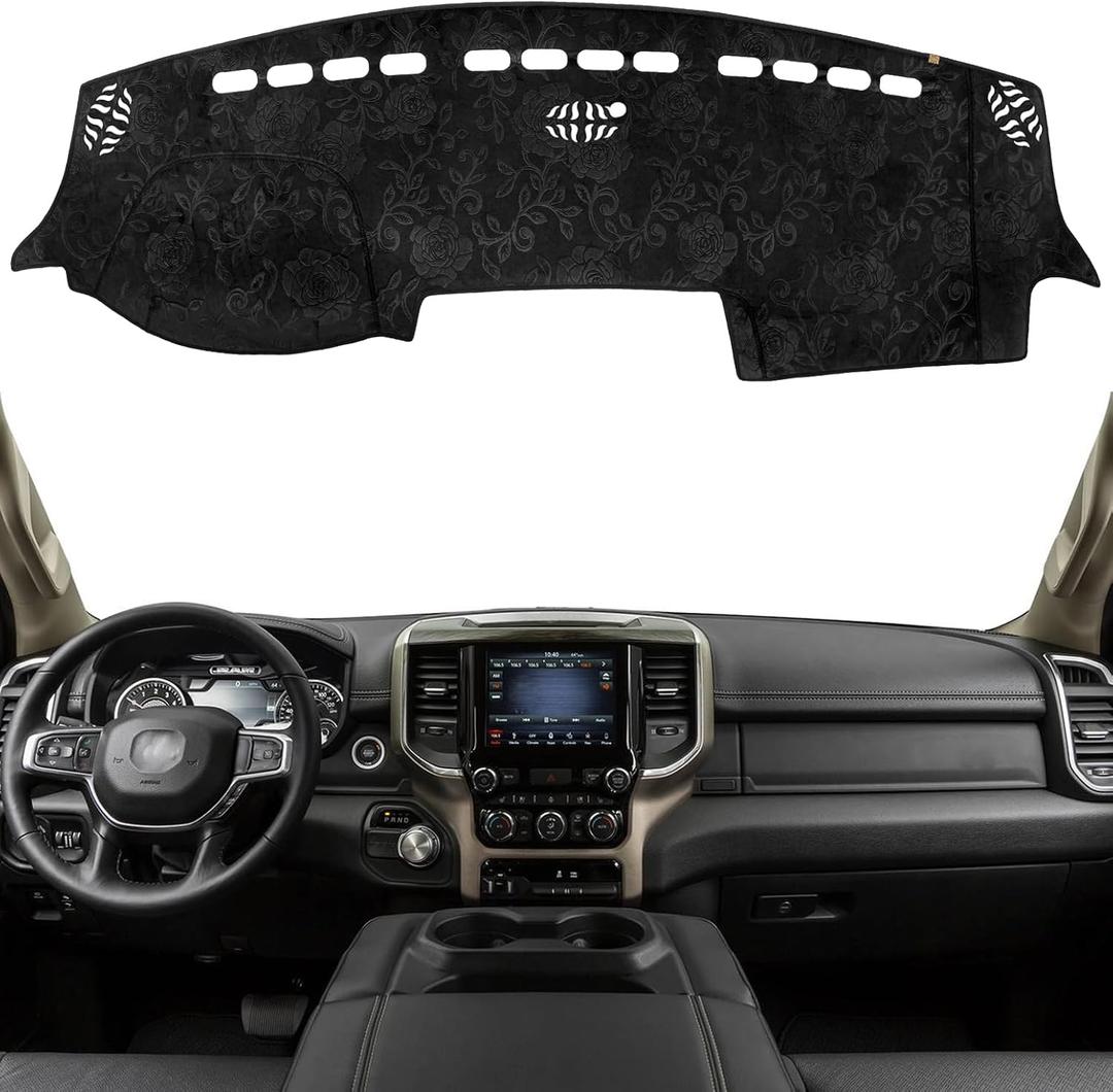 KEYOOG Dashboard Cover Dash Mat Fit for 2024-2019 Do-dge Ram 1500 2500 3500 (Without HUD Models),Car Dash Board Mat Anti-Glare Carpet,Non-Slip Pad Sunshield Protector (Flannel) (Black Embossed)