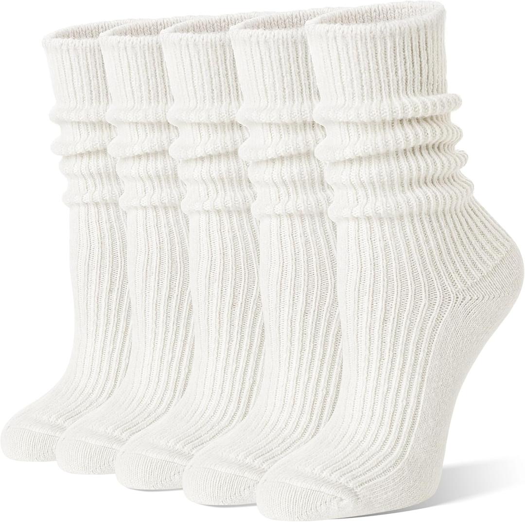 Women White Merino Wool Slouchy Boot Socks Warm Winter Thermal Slouch Scrunch Cozy Knit Comfy Hiking Work Gifts Socks 5 Pairs Stocking Stuffers(W,L)