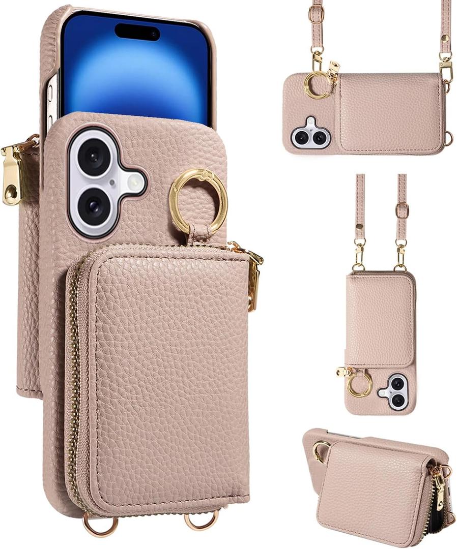 Wallet Case for iPhone 17 6.3 inch with Shoulder Strap Ring Buckle, PU Leather Zipper Flip Organ Purse, Credit Card Holder Stand Cell Phone Cover for i Phone17 i17 17Case Women Men Khaki