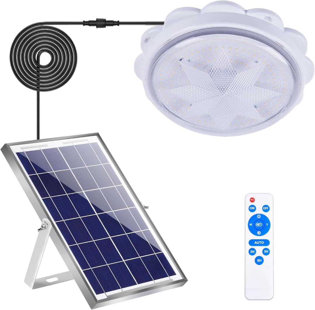 MEIHONG Solar Ceiling Light, Porch Ceiling Light with Remote, Dimmable Solar Shed Lights with Timer, Gazebo Lights with Dusk to Dawn Sensor/Timer/3 Color (White)