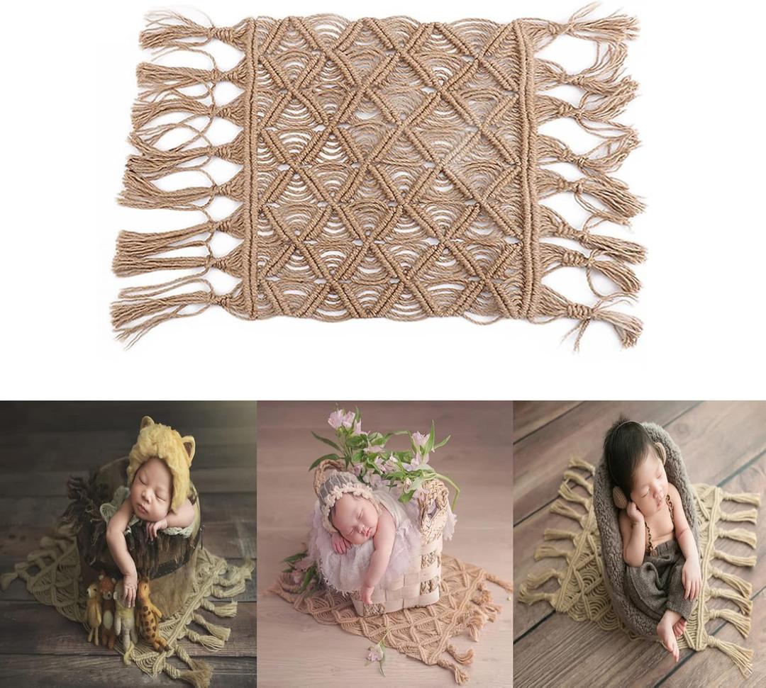 Zeroest Baby Photography Props Linen Blanket Newborn Photography Props Rug Boy Girl Photo Shoot Posing Burlap Macrame Photoshoot Backdrop (Medium)