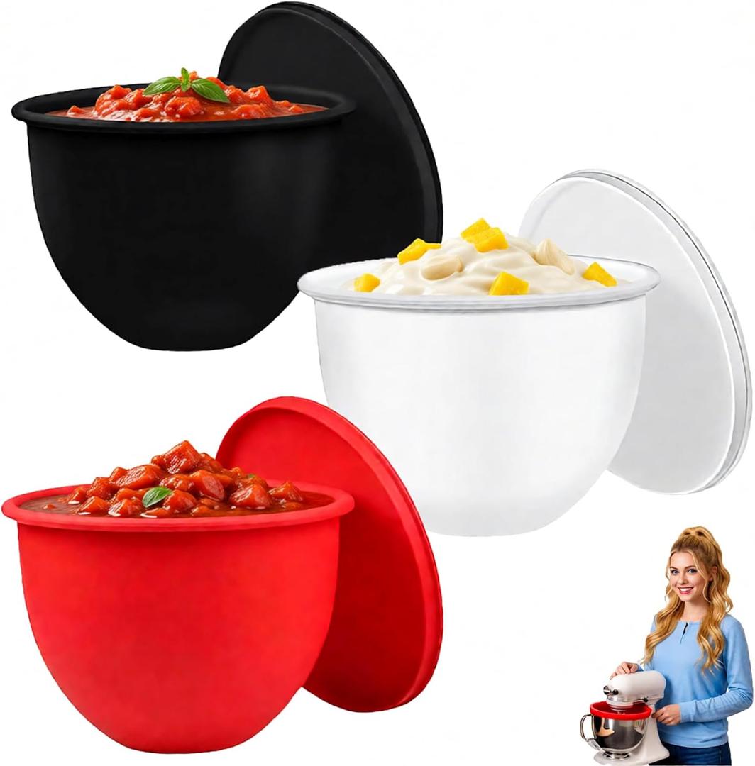 Silicone Bowl Liners for 5 Qt Mixer Kitchen Aid Tilt-Head - 3pc Set Reusable Mixing Bowl Insert with Airtight Lids, Perfect for Baking, Cooking, Marinating & Storage