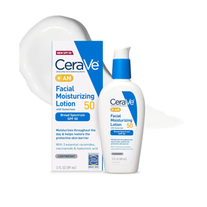 CeraVe AM Facial Moisturizing Lotion SPF 50, Face Moisturizer with SPF, Hyaluronic Acid, Niacinamide & Ceramides, Non-Greasy, Blends Seamlessly With No White Cast, Non Comedogenic Sunscreen, 3 Oz