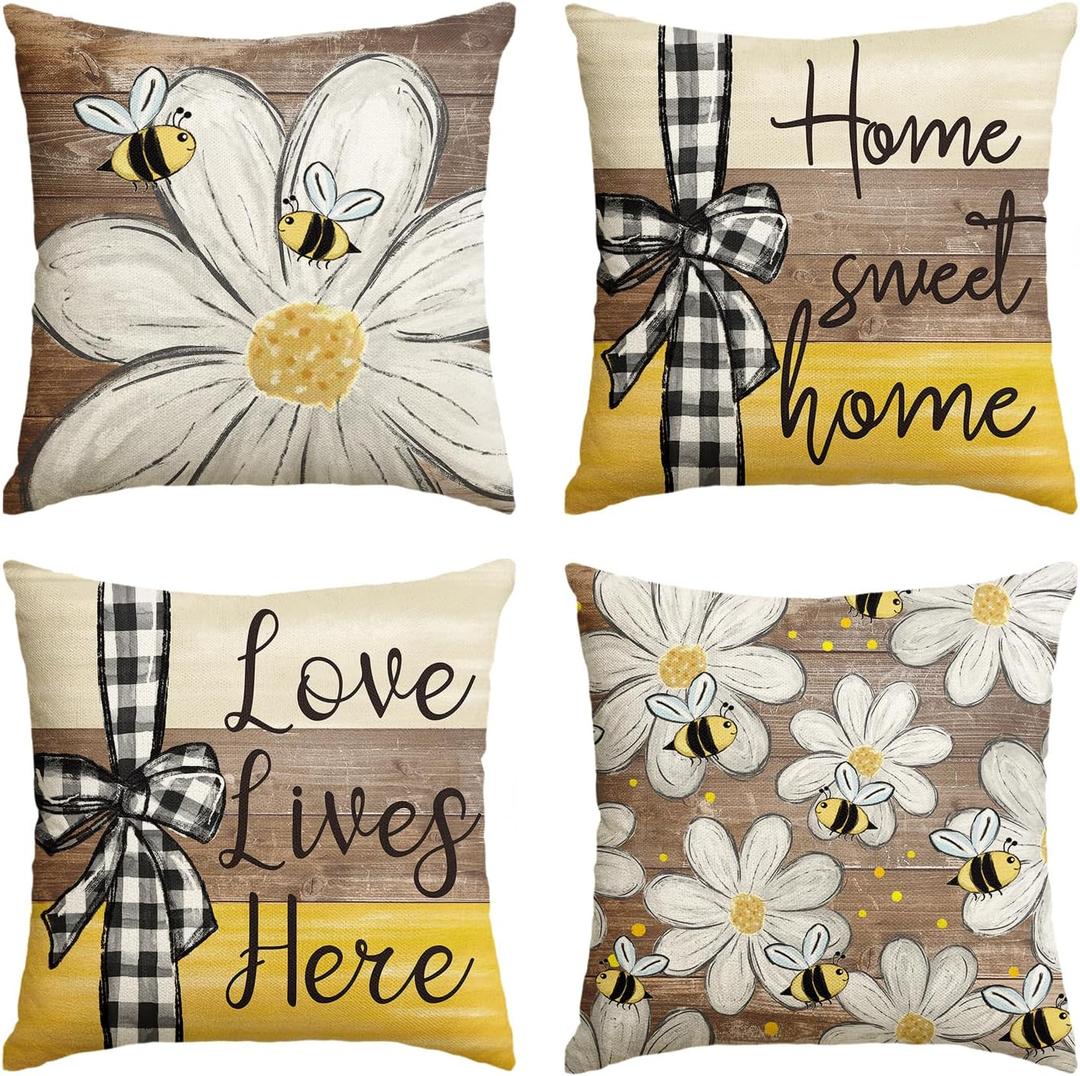 AVOIN colorlife Home Sweet Home Bee Daisy Throw Pillow Covers, 16 x 16 Inch Love Lives Here Spring Summer Stripes Polka Dots Cushion Case for Sofa Couch Set of 4