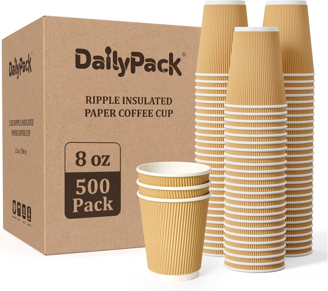 500 Pack 8 oz Coffee Cups, Insulated Ripple Wall Hot Coffee Cups for Home, Office, Hotel, Meetings, Parties