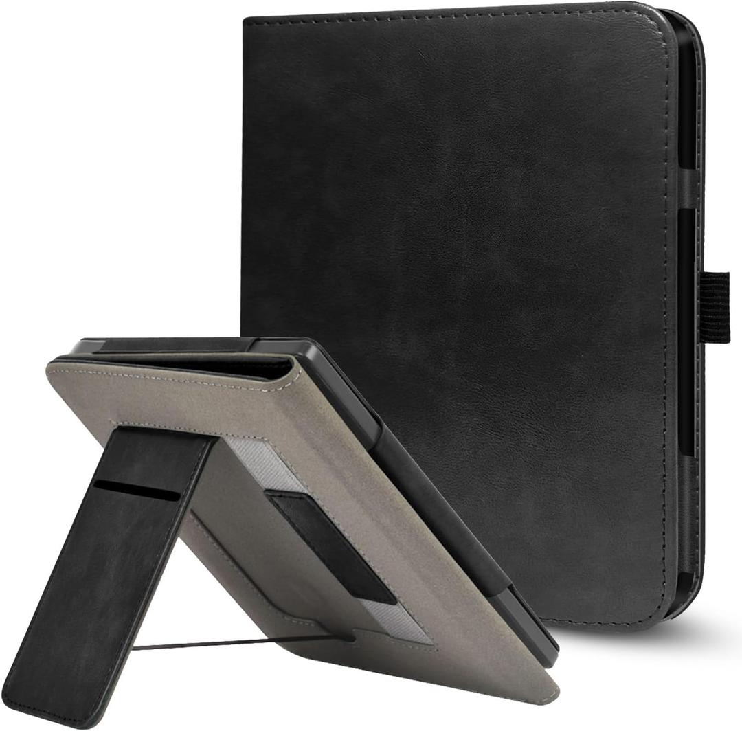 Stand Case for 7" Kobo Libra Colour (2024) / Kobo Libra 2 (2021) eReader,Durable PU Leather Cover with Auto Sleep Wake, Card Slot, Hand Strap Feature,Compatible with Model N428 & N418,Black