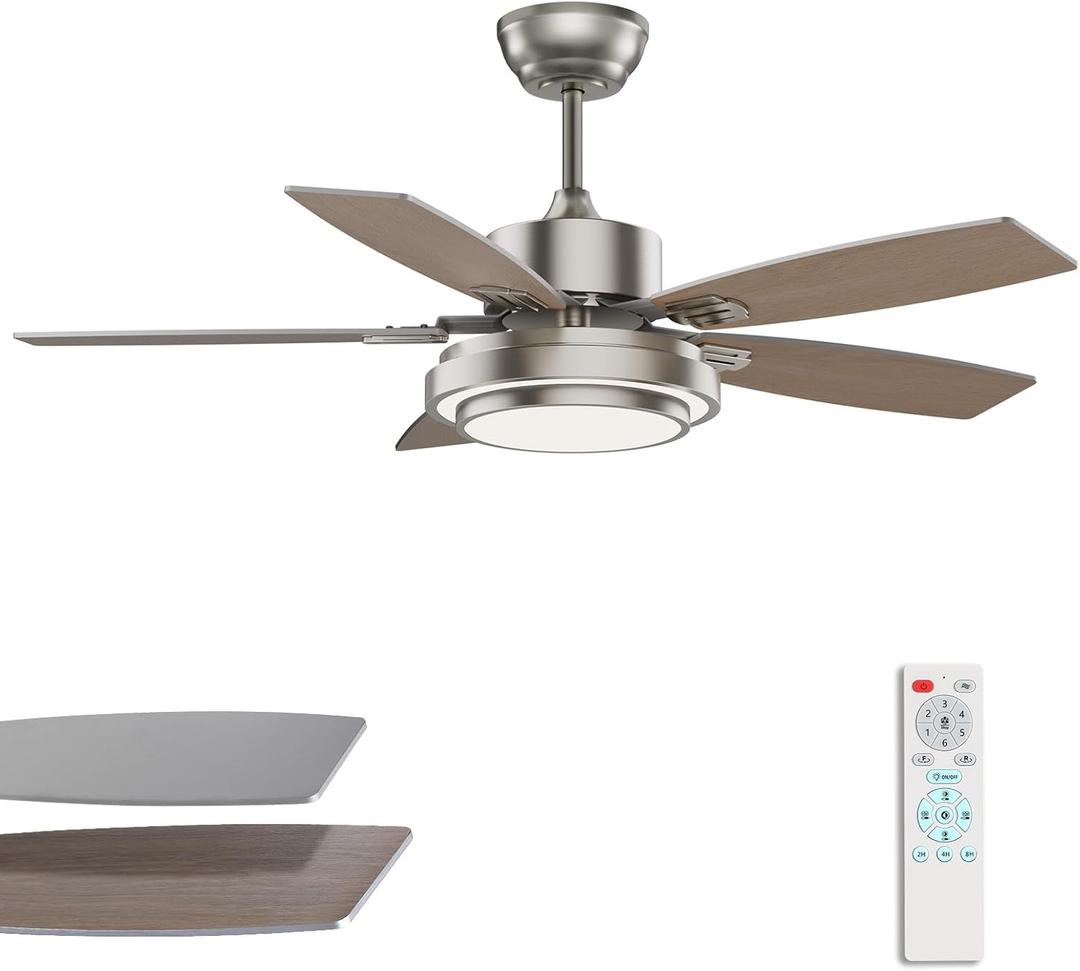 42 Inch Nickel Ceiling Fans with Lights and Remote Control for Bedroom, Modern Ceiling Fan with Quiet Reversible DC Motor, 3CCT, Dimmable, LED for Living Room, Patio, Indoor and Outdoor
