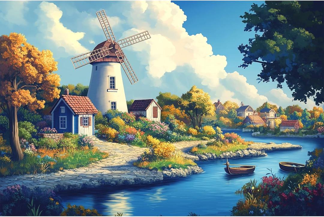 1000 Pieces Jigsaw Puzzles for Adults 1000-Pieces Puzzles Jigsaw Puzzles Impossible Hard Difficult Challenging Puzzles for Teens Windmill Town Garden Forest River Landscape Puzzle 28 x 20 inch