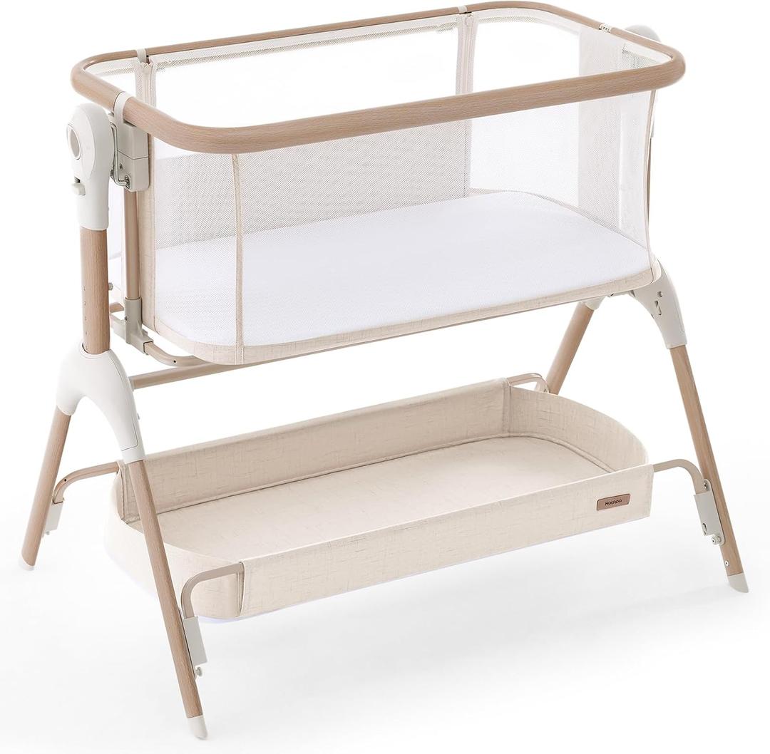 HARPPA Cuddly Signature Baby Bassinet with Mattress, 3 in 1 Bedside Sleeper & Rocking Cradle, Breathable Mesh, 5 Height Adjustable, Newborn 05 Months, Wood Grain, Crib