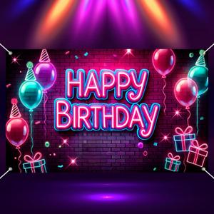 Neon Happy Birthday Banner Glow in The Dark Party Photography Backdrops Neon Happy Birthday Party Decoration Banner for Kids Boys Girls Photo Backdrop Photo Prop 71x43 In UV Blacklight