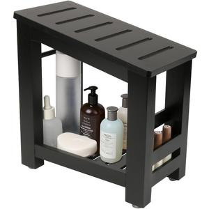 Bamboo Shower Foot Rest Stool for Shaving Legs & Pedicure, Non-Slip Bathroom Foot Step with Storage Pocket, Solid & Water-Resistant,Natural (Black)