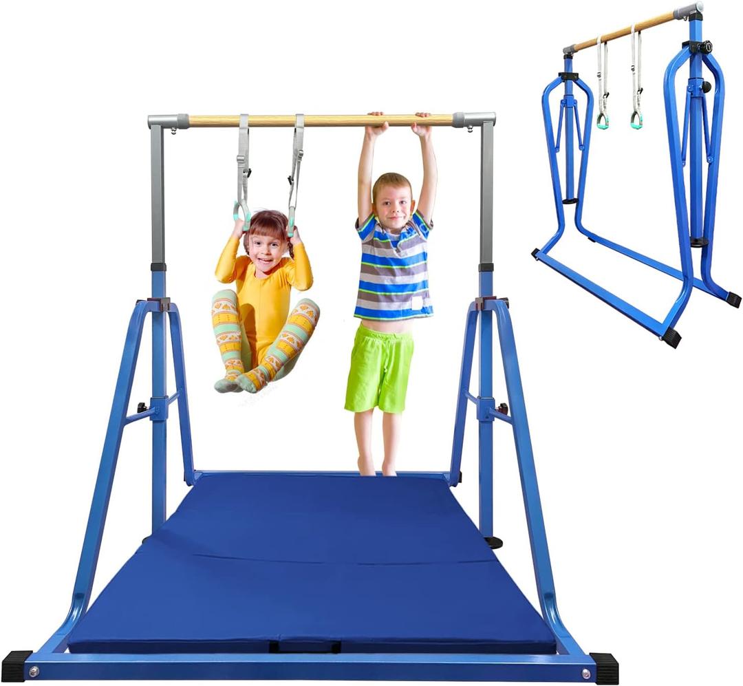 GLANT Gymnastics Bar for Kids with Rings Set, 7 Heights Adjustable Easy Folding Gymnastic Training Bar Kids Monkey Horizontal Bars - Max Load 300LBS
