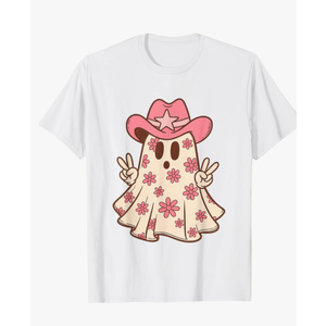 Pink Ghost in Cowboy Hat with Sunflowers Western Halloween T-Shirt Size S