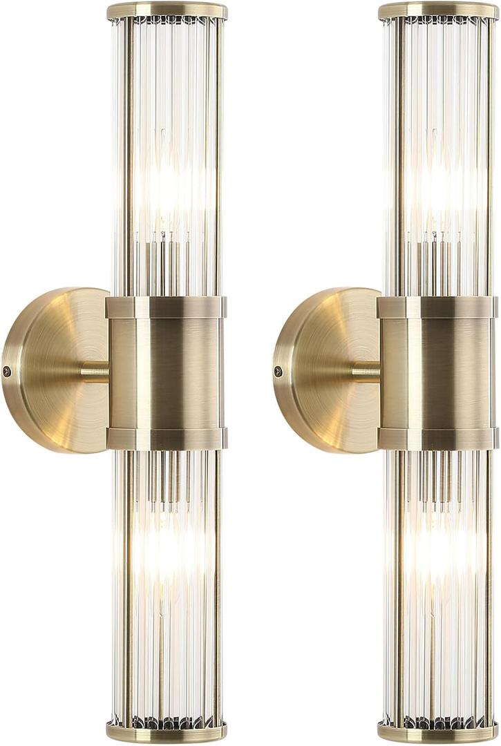 Brushed Bronze Wall Sconces Set of Two, Bathroom Sconces with Glass Rods Shade, Modern Vanity Sconces Lighting Over Mirror, Wall Light Fixtures for Living Room Bedroom (Bulbs Not Included), 19.69 inch