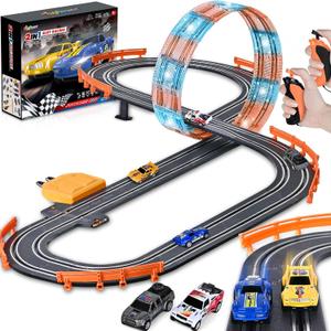 Slot Car Race Track Sets with 4 Slot Cars, Ideal Birthday Xmas Gifts Toys for Kids Boys Ages 6 7 8-12, Battery or Electric Race Car Track Set with Dual Racing Game, Flash Circular Track, Lap Counter, Large
