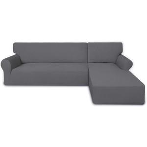 PureFit Super Stretch Sectional Couch Covers - 2 pcs Spandex Non Slip Sofa Covers with Elastic Bottom for L Shape Sectional Sofa Couch, Great for Kids & Pets (3 Seat Sofa + 3 Seat Chaise, Gray) (Grey)