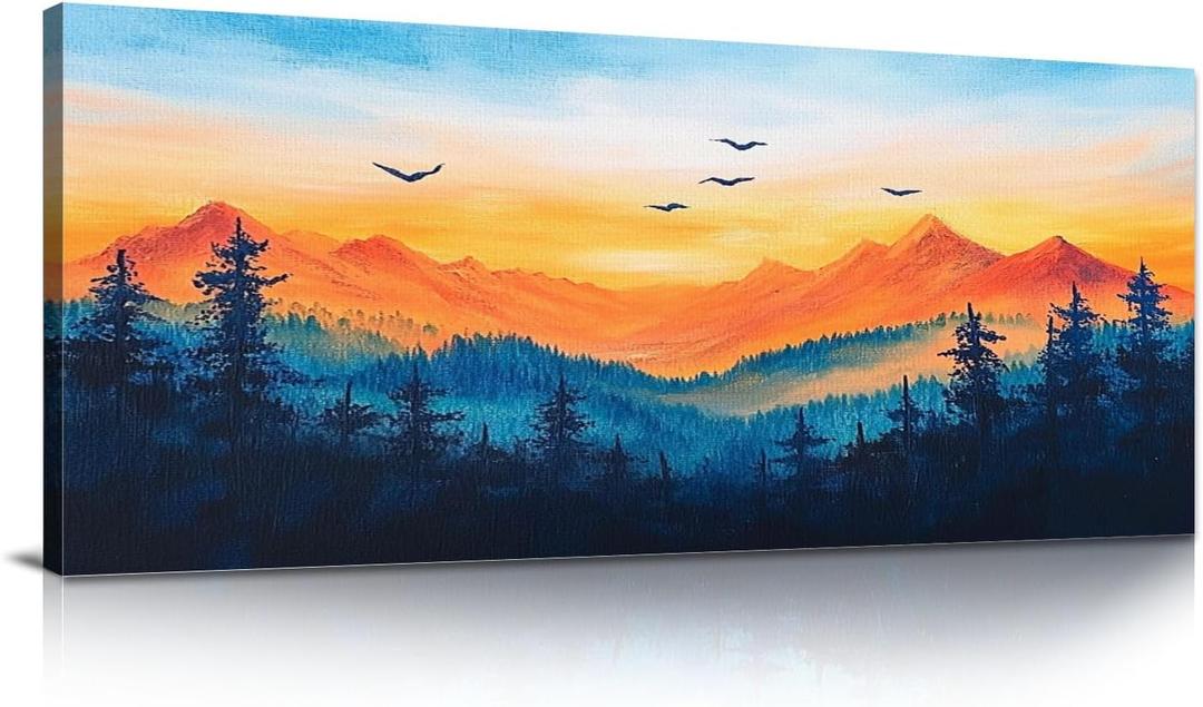 Canvas Wall Art Landscape Blue Foggy Forest Mountain Sunrise Mountains Birds Sunset Modern Canvas Paintings Wall Painting Room Decor Wall Decor for Bedroom Bathroom Kitchen Ready to Hang 20x40inch (Multi1)