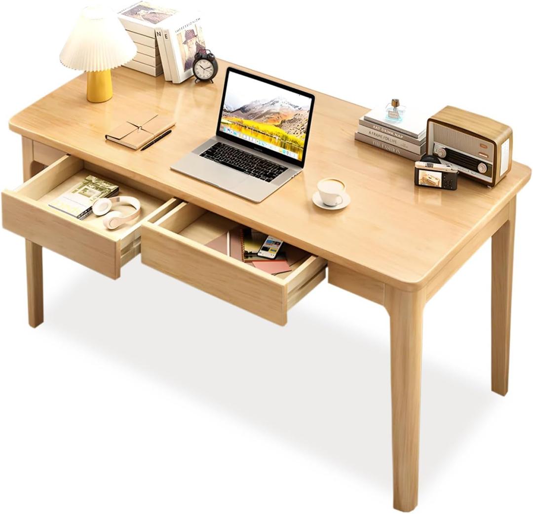 Solid Wood Desk with Drawers, Modern Wooden Computer Desk Writing Desk Work Desk for Home Office Bedroom,Easy Assembly (Wood Color, 39inch / 100cm)