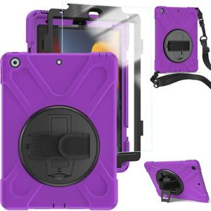 ase for iPad 9th/8th/7th Generation with Screen Protector for Kids | Military Grade 360 Rotating Stand & Hand Shoulder Strap | Heavy Duty Rugged Silicone Case for iPad 10.2 Inch-Purple