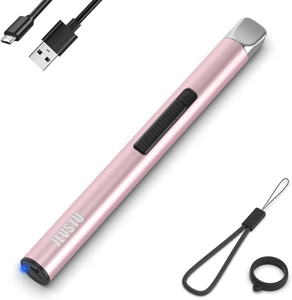 Candle Lighter, Electric Rechargeable USB Arc Windproof Flameless Plasma Lighter Long Stick with Rope and Ring, No Butane Fluid, Perfect for Candle BBQ Camping Kitchen Stove, Pink