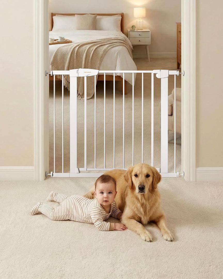 Baby Gate for Stairs, 29.92-38.98 Wide Pressure Mounted Baby Gate No Drill Needed, Auto Close Dog Gate for Doorways, Easy Walk Through Safety Child Gates for Toddler & Pet/Puppy, Indoor, White