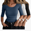 Ficerd 3 Pack Elbow Length Shirts for Women Half 1/2 Sleeve Tops Scoop Neck Ribbed Slim Fit Basic Tee 2025 Summer Trendy,XL