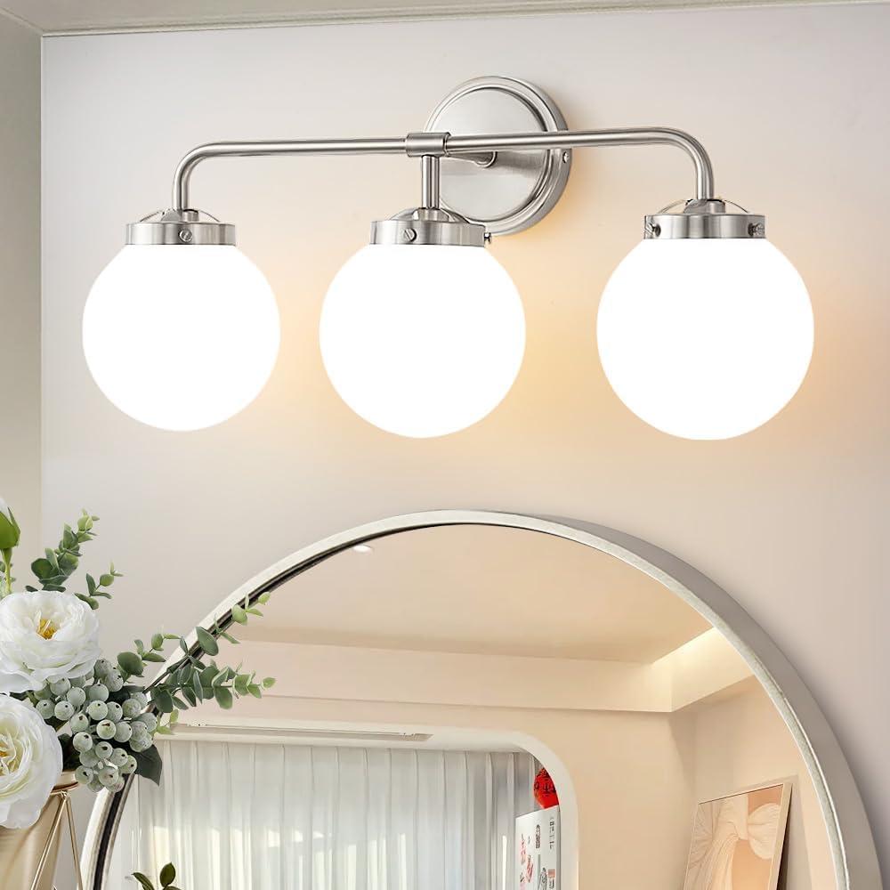 Bathroom Light Fixtures Over Mirror, Brushed Nickel Modern Vanity Lights with Milk White Glass Globe Shades 3-Light Farmhouse Wall Sconce Lighting
