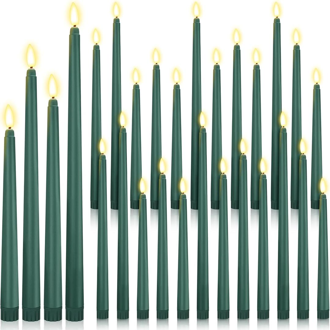 Rossesay 24 Pcs Flameless LED Taper Candles Battery Operated Candles 8.58'', 9.69'', 10.98'', 12.91'', 12.8'' Flameless Candlesticks Flickering for Halloween Christmas Church Wedding (Green)