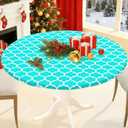 Smiry Round Picnic Tablecloth, Waterproof Elastic Fitted Table Covers for 57" - 68" Tables, Wipeable Flannel Backed Vinyl Tablecloths for Camping, Indoor, Outdoor, Teal & White