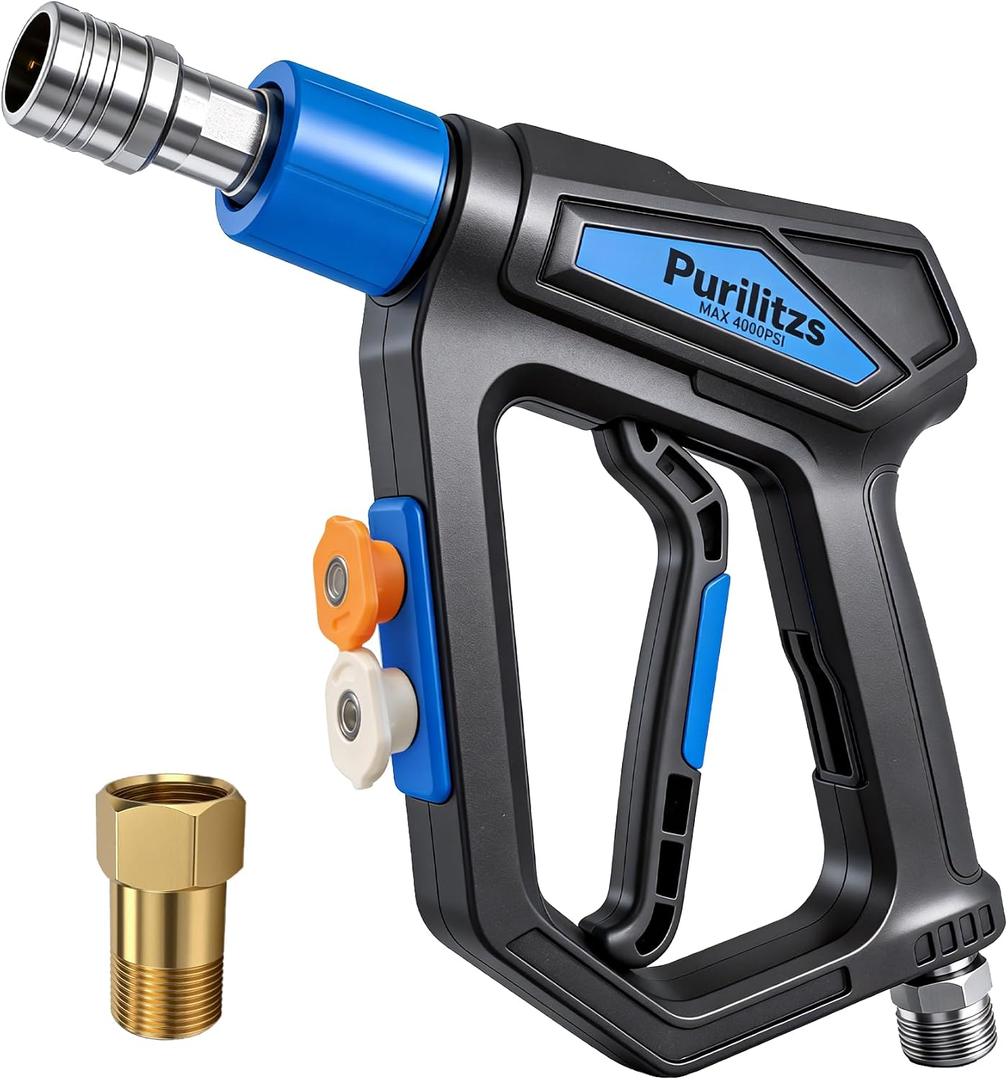 Pressure Washer Gun 4000PSI M22 14/15MM Inlet, Stubby Short Power Washing Gun with 1/4'' Quick Connect for Foam Cannon, Homework Cleaning & Car Wash
