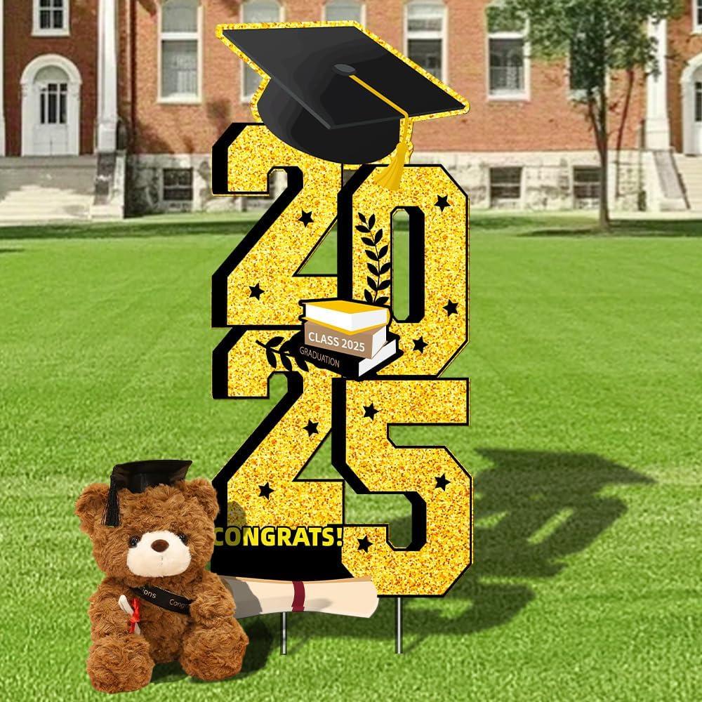 Graduation Yard Signs Class of 2025 Decorations, with Graduation Bear Congrats Grad Yard Sign for High School College Graduation Party Supplies Outdoor Lawn, DIY Name (Black Golden)
