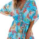 CUPSHE Women's Mini Dress V Neck Floral Half Dolman Sleeve Belted Loose Fit Short Summer Beach Dress (Light Blue, Small)