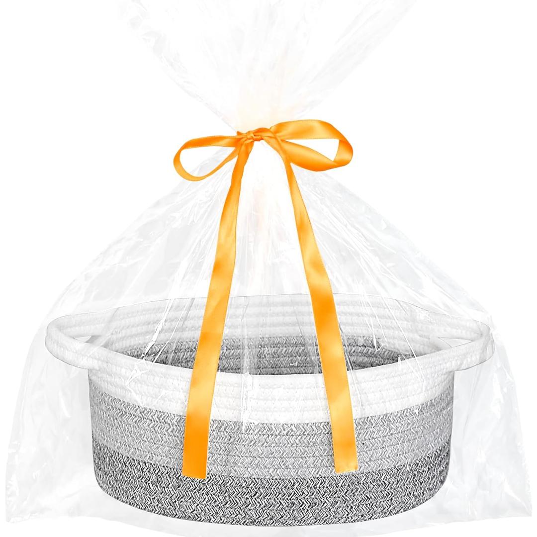 ABenkle Small Woven Easter Basket with Handle, 12x8x5 inches, Durable Storage Basket, Gift Wrap Ready with Ribbon (3 Color-Mixed Gray)