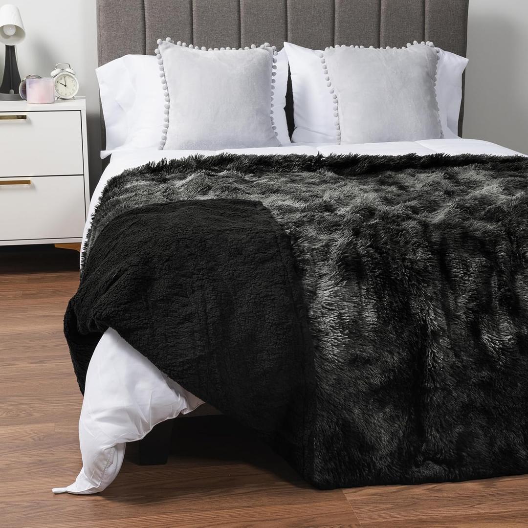 Pavilia Black Fluffy Bed Blanket, Queen Size, Fuzzy Plush Warm Large Blanket for Couch Sofa, Super Soft Thick Faux Fur Sherpa, Tie-Dye, 90x90