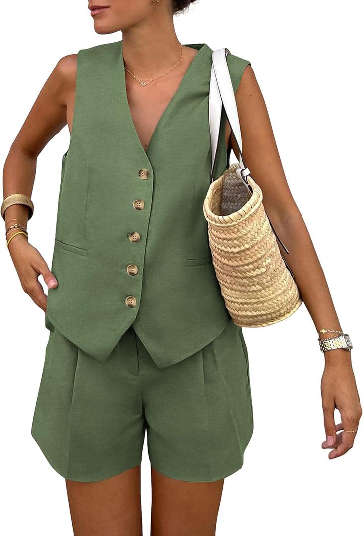 PRETTYGARDEN Women's Summer 2 Piece Outfits Sleeveless Matching Sets Button Down V Neck Vest Waistcoat and Pockets Shorts (Army Green) S PRETTYGARDEN Women's Summer 2 Piece Outfits Sleeveless Matching Sets Button Down V Neck Vest Waistcoat and Pockets Shorts (Army Green) S
