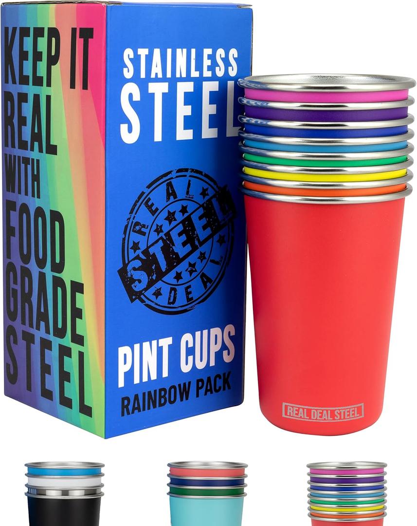 Rainbow Cups 16 oz Pint Cups, Stackable Tumblerrs, Eco Friendly Premium Metal Drinking Glasses (Rainbow (8 Pack))