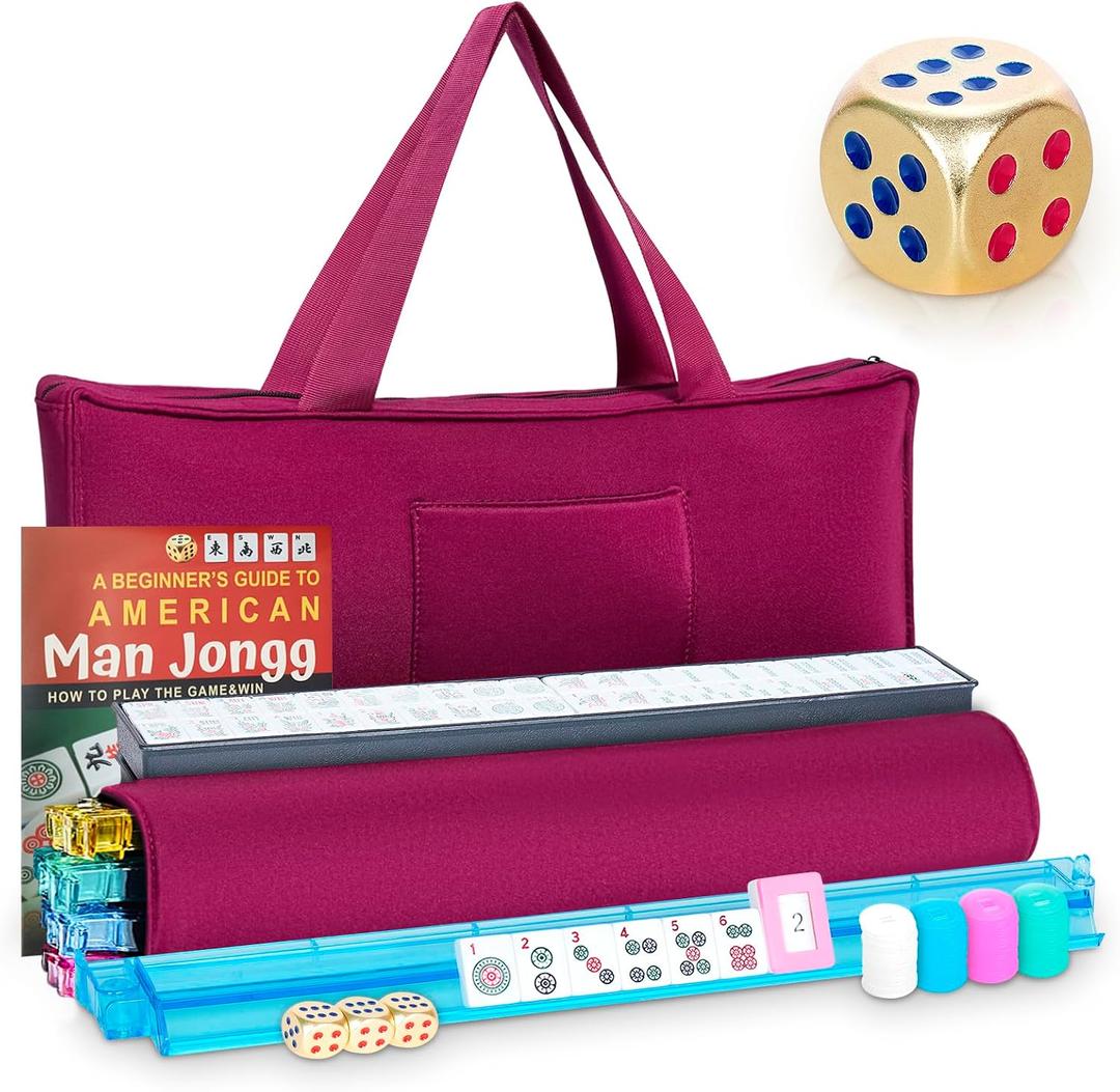 New American Mahjong Game Set, 166 Premium White Tiles with Portable Metal Dices, 4 All-in-One Racks with Pushers, Mah-Jong Games Sets, Ma Jong Tile Game (Red), 21.5 inches x 5.2 inches