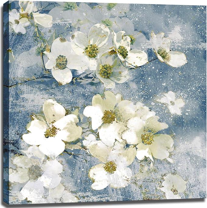 OKEXCKK Blue Ocean Beach Canvas Wall Art with White Flower Windowsill Picture Bathroom Wall Decor Seascape Poster Floral Painting Print Coastal Artwork for Living Room Bedroom 20"x20"