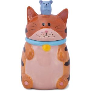 Dolomite Ceramic 10 x 6.3 Everyday Cookie & Candy Jar with Airtight Lid: Perfect for Kitchen Canisters, Pet Treat Containers & Decorative Storage, Orange Tabby Striped Cat and Mouse