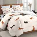 Comforter Set with Pillowcase Twin Size, Cute Happy Dachshund Dog Puppy, Bedding Decor Cartoon Animal Pug Geometric Brown for Kids and Adults, Soft Cozy Bedroom Bed Set