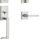 Kwikset San Clemente Front Door Lock Handle and Deadbolt Set, Entry Handleset Exterior with Interior Reversible Lever, Satin Nickel, Pick Resistant SmartKey Rekey Deadbolt Security