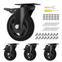 4" Caster Wheels,Caster Set of 4, Jinfutou Heavy Duty Casters with Brake, No Noise Locking Casters with Black Polyurethane (PU) Wheels, Swivel Plate Castors