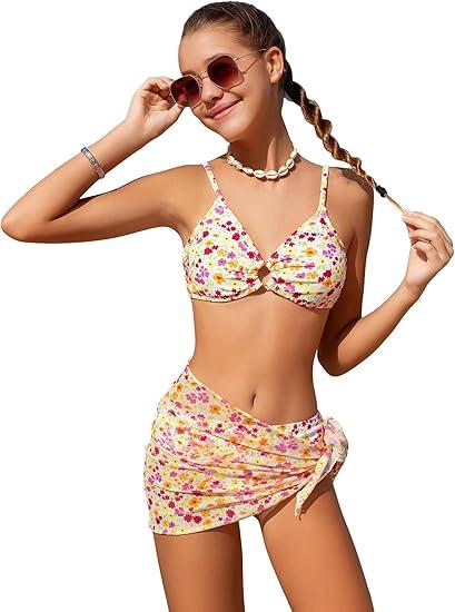 OYOANGLE Girl's 3 Piece Bikini Sets Floral Print Spaghetti Straps Wireless Swimsuits with Beach Skirt, Size 12Y