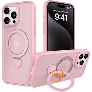 IYH Magnetic Case for iPhone 15 Pro 6.1 inches, 360 Rotatable Ring Stand, MagSafe Compatible, Military-Grade Shockproof, Translucent Design Skin-Feel TPU Frame(Pink)